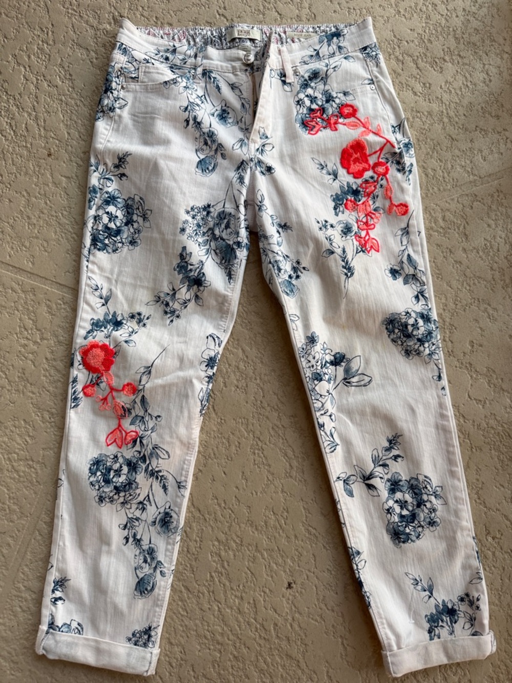 Vintage America White Blue Floral High-Rise Womens Jeans